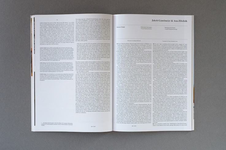 Künstler*innenbeitrag / Artist feature in Camera Austria International 169/2025, S. / pp. 46–47.

Doppelseite / spread: Jakob Ganslmeier & Ana Zibelnik, S. / pp. 46–47.